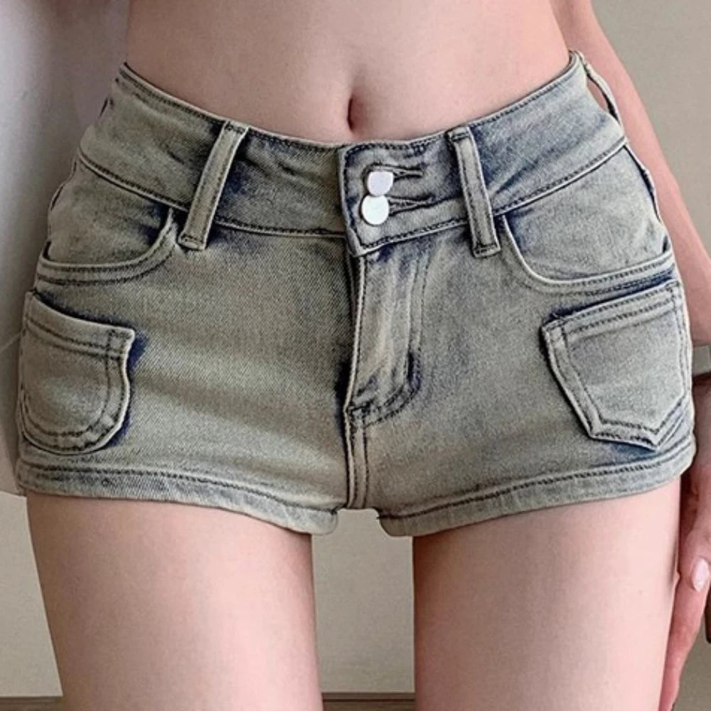 Retro American Denim Shorts Two Piece Sets Hollow Crop Top And Shorts