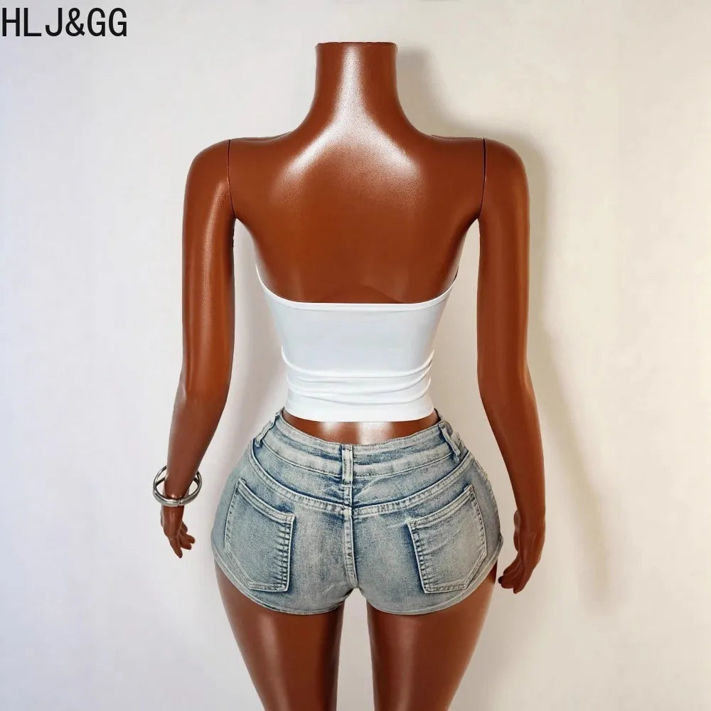 Retro American Denim Shorts Two Piece Sets Hollow Crop Top And Shorts