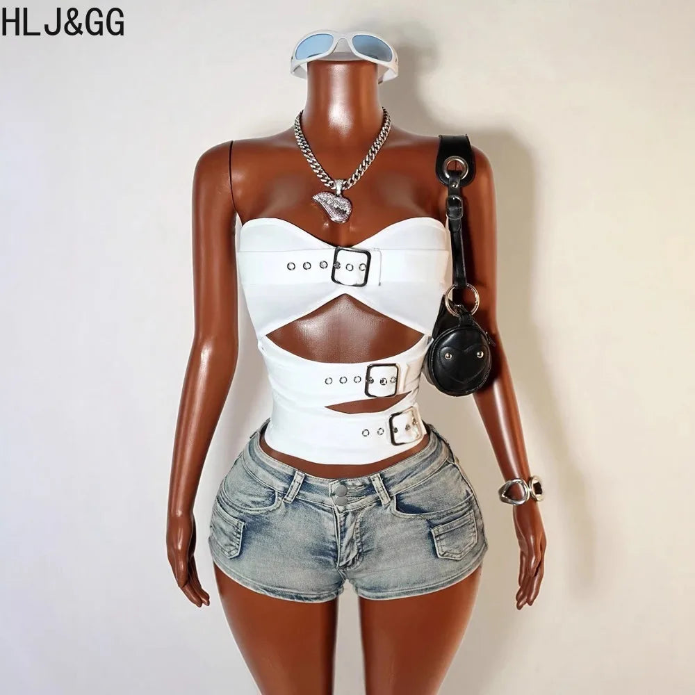 Retro American Denim Shorts Two Piece Sets Hollow Crop Top And Shorts