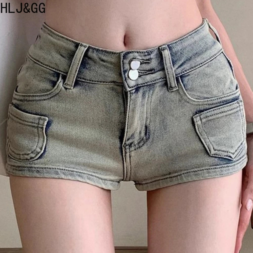Retro American Denim Shorts Two Piece Sets Hollow Crop Top And Shorts