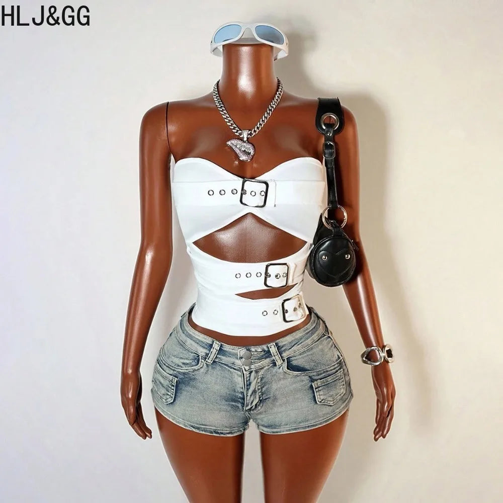 Retro American Denim Shorts Two Piece Sets Hollow Crop Top And Shorts